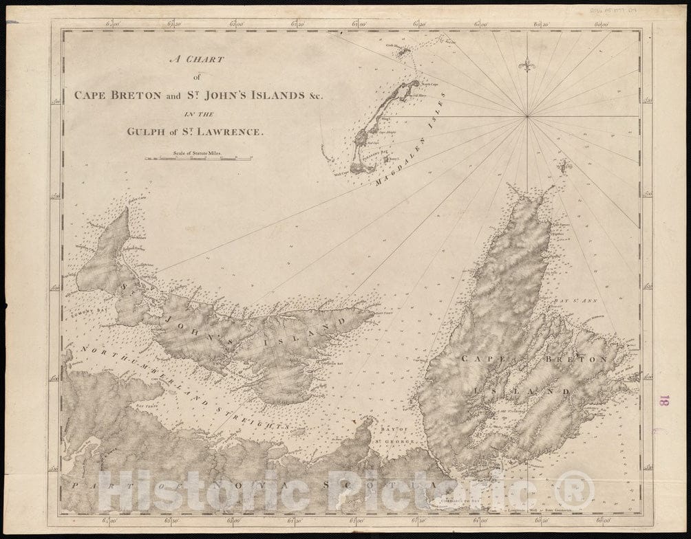Historical Map, 1781 A Chart of Cape Breton and St. John's Islands et Cetera. in The Gulph of St. Lawrence, Vintage Wall Art