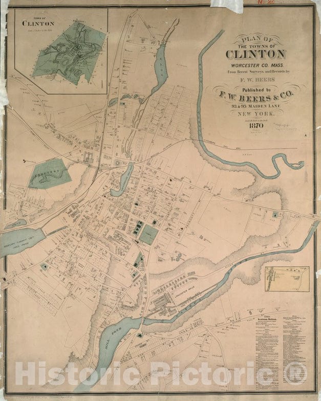 Historical Map, 1870 Plan of The Towns of Clinton, Worcester Co. Mass : from Recent surveys and Records, Vintage Wall Art