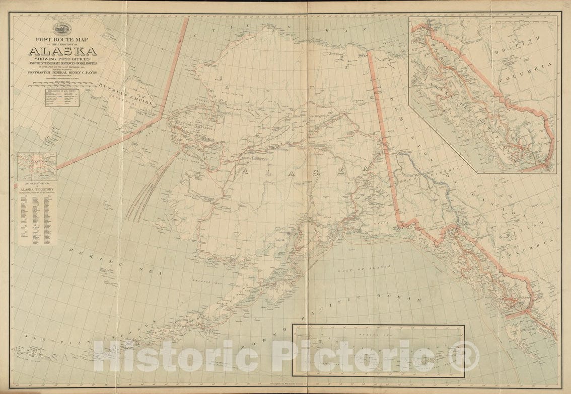 Historical Map, 1903 Post Route map of The Territory of Alaska Showing Post Offices and The Intermediate Distances on Mail Routes, 1903, Vintage Wall Art