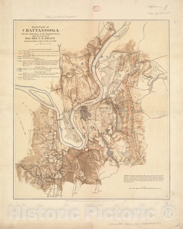 Historical Map, 1863 Battlefield of Chattanooga Under The Command of Maj. Gen. U.S. Grant During The Battles of Nov. 23, 24, 25, 1863, Vintage Wall Art : 5131944