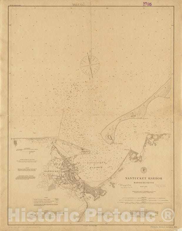 Historical Map, 1889 Nantucket Harbor, Massachusetts, Vintage Wall Art