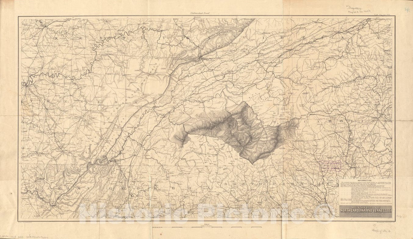 Historical Map, 1863 Mountain Region of North Carolina and Tennessee, Vintage Wall Art : 5131963