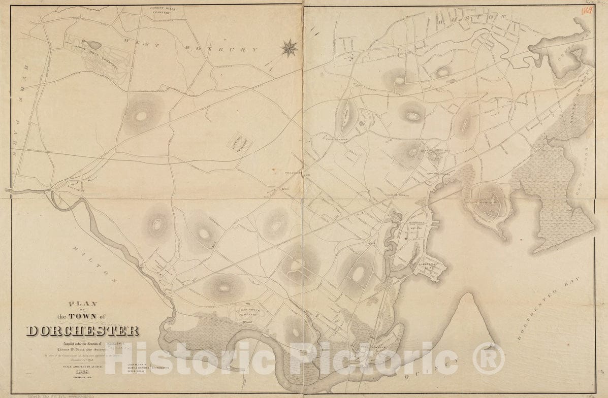 Historical Map, 1870 Plan of the town of Dorchester, Vintage Wall Art