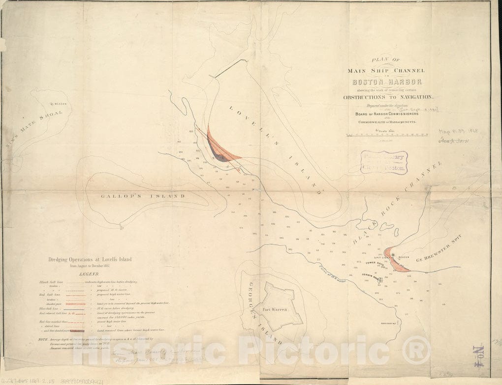Historical Map, 1868 Plan of Main Ship Channel in Boston Harbor Showing The Work of Removing Certain obstructions to Navigation, Vintage Wall Art