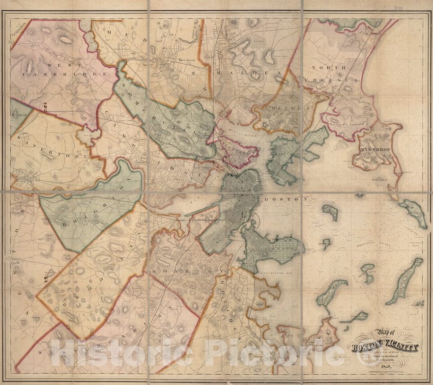 Historical Map, 1858 Map of Boston and its Vicinity : from Actual surveys, Vintage Wall Art