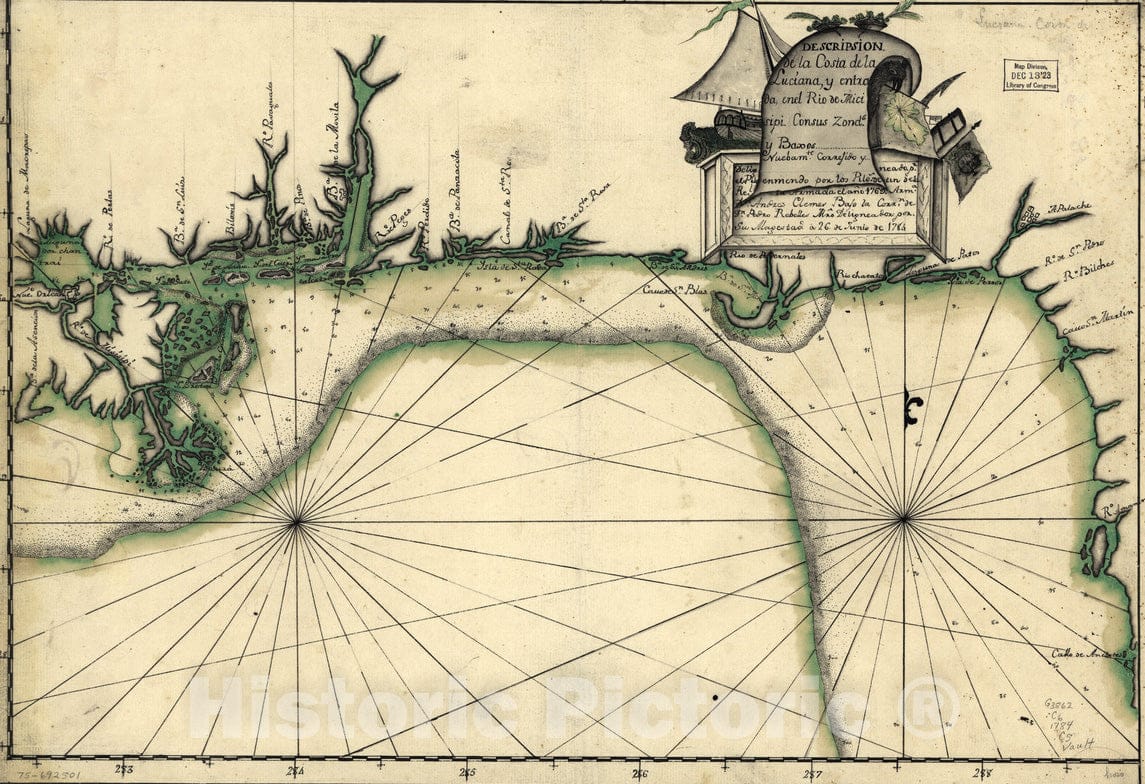 Historical Map, 1784 DescripsioIn de la costa de la Luciana y entrada en el RiIo de Micisipi con sus zonds. y baxos, nuebamte. 1769, Vintage Wall Art