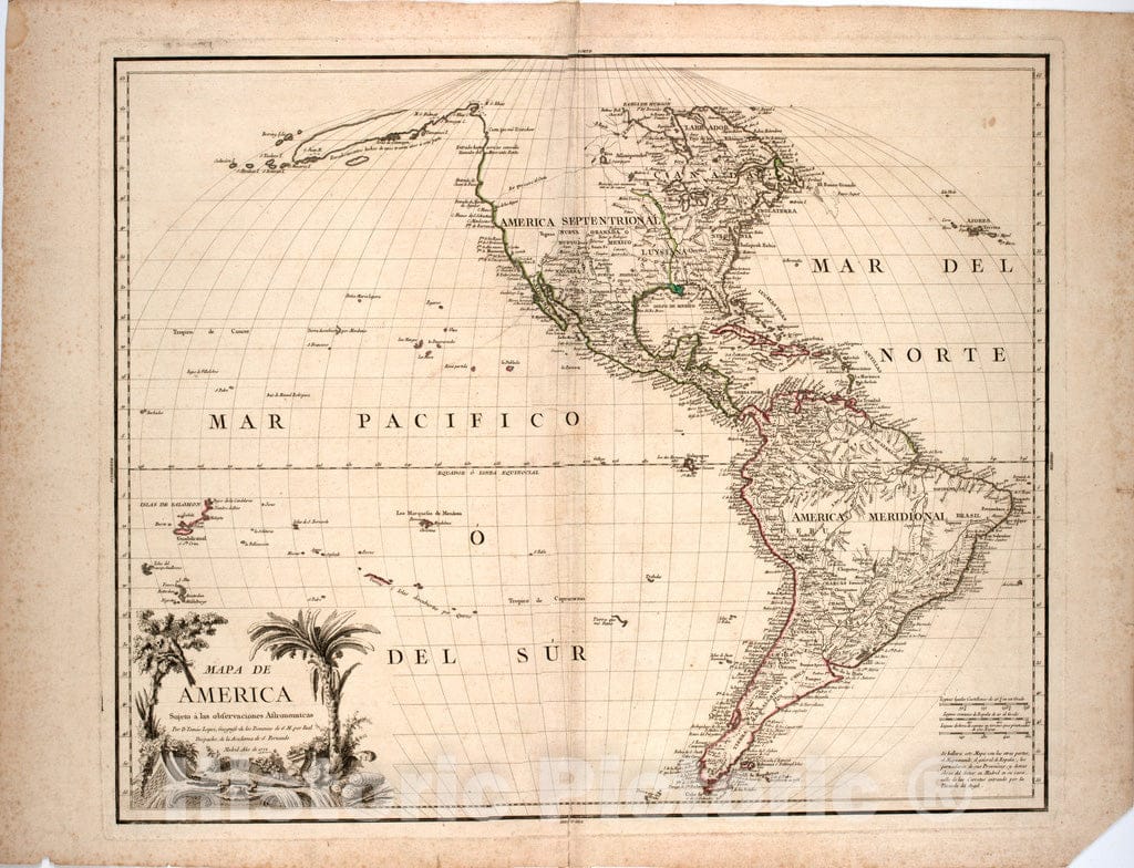 Historical Map, 1772 Mapa de America sujecto a las observaciones astronomicas, Vintage Wall Art