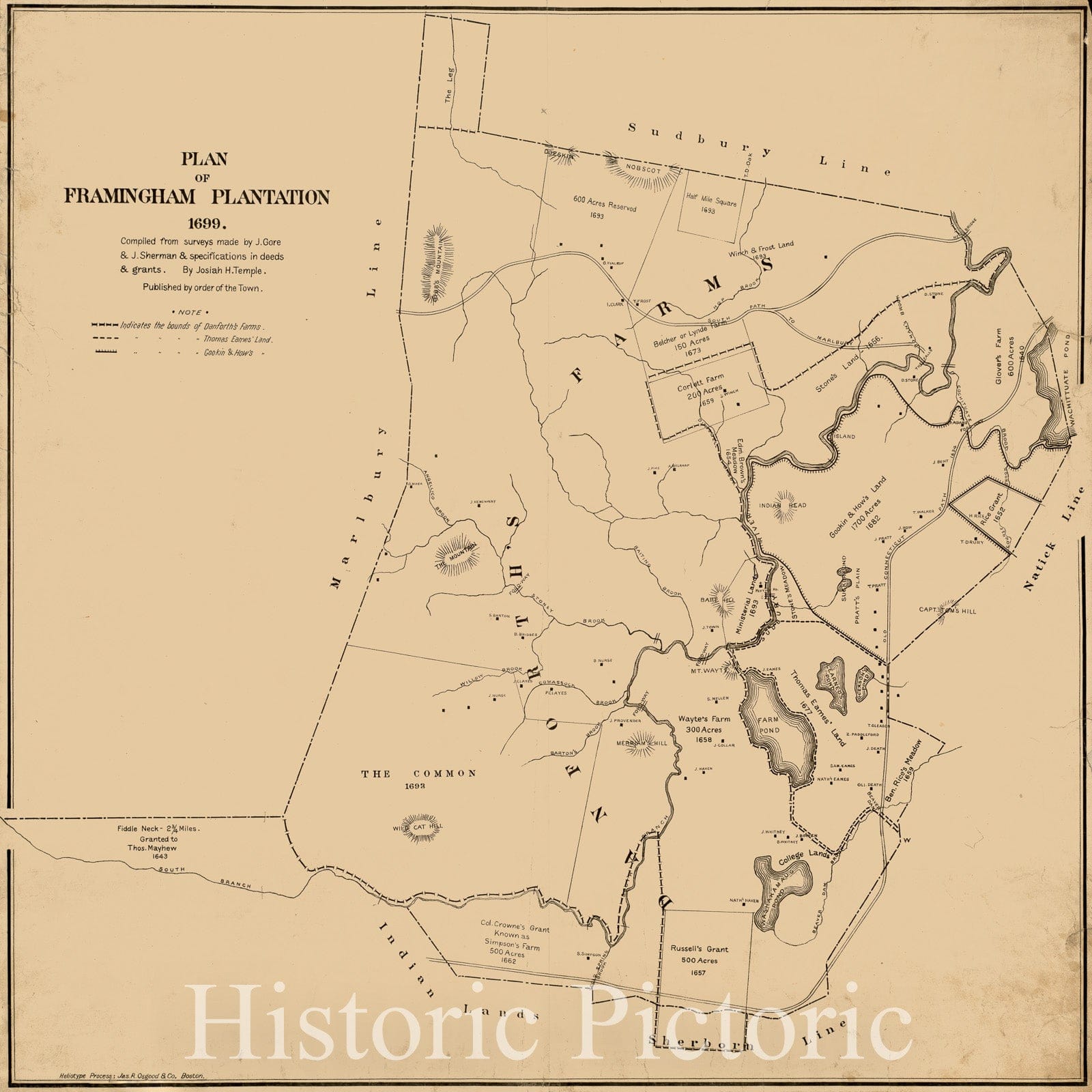 Historical Map, Plan of Framingham Plantation 1699, Vintage Wall Art