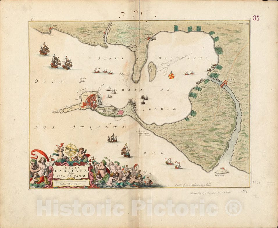 Historical Map, 1662 Insula Gaditana, vulgo Isla de Cadiz, Vintage Wall Art