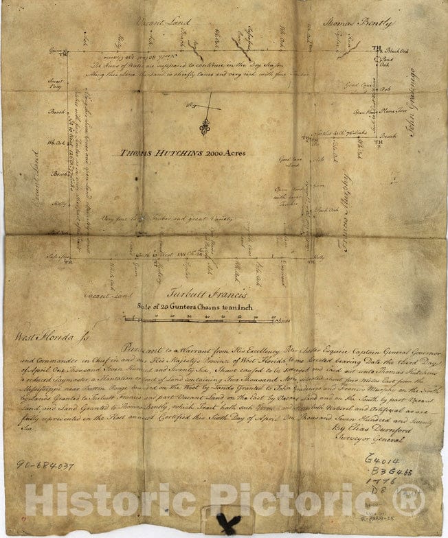 Historical Map, 1776 Thomas Hutchins' Land Grant and map to 2000 Acres in West Florida, Vintage Wall Art