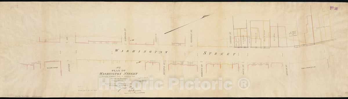 Historical Map, Plan of Washington Street Showing Proposed Lines of widening from Dover to Asylum : Oct. 3rd 1860, Vintage Wall Art