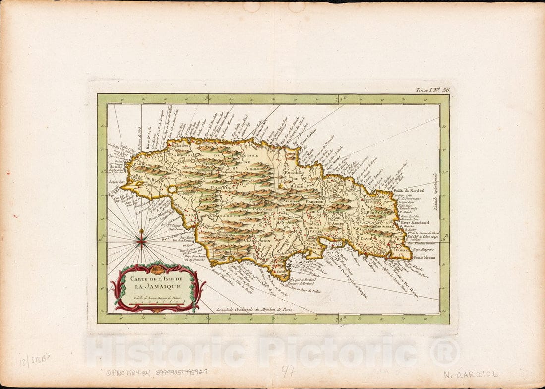 Historical Map, 1764 Carte de l'Isle de la Jamaique, Vintage Wall Art