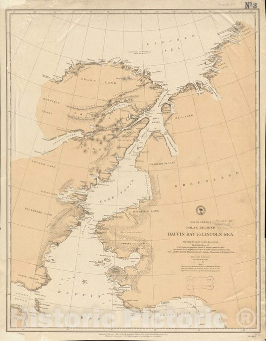 Historical Map, 1885 North America Polar Regions : Baffin Bay to Lincoln Sea, Showing The Most Recent Discoveries Including Those of U.S.S. Polaris Expedition, Vintage Wall Art
