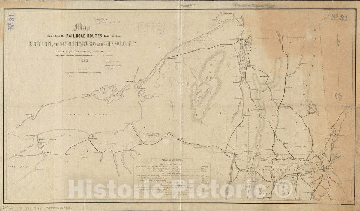 Historical Map, 1848 Map exhibiting The Rail Road Routes Leading from Boston, to Ogdensburg and Buffalo, N.Y, Vintage Wall Art