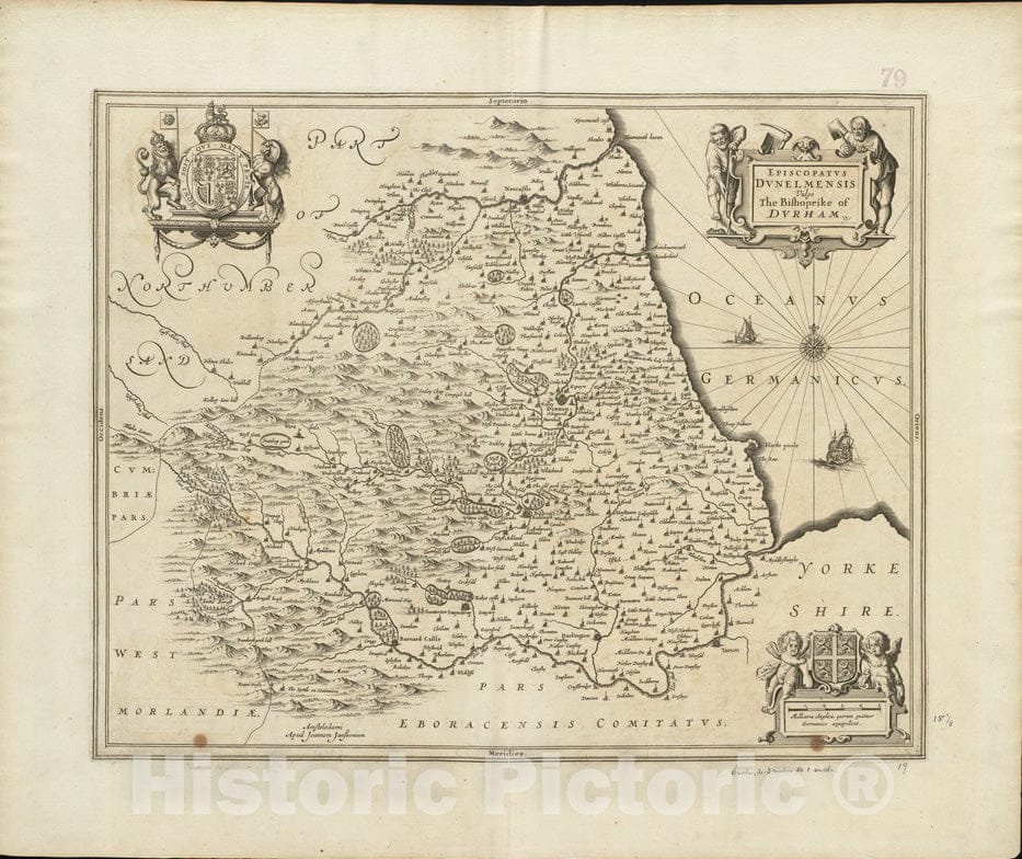 Historical Map, 1646-1680 Episcopatus Dunelmensis vulgo The Bishoprike of Durham, Vintage Wall Art