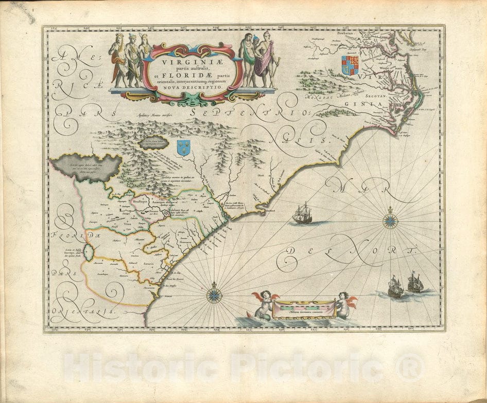 Historical Map, 1650 Virginiae partis australis, et Floridae partis orientalis, interjacentiumq[ue] regionum nova descriptio, Vintage Wall Art