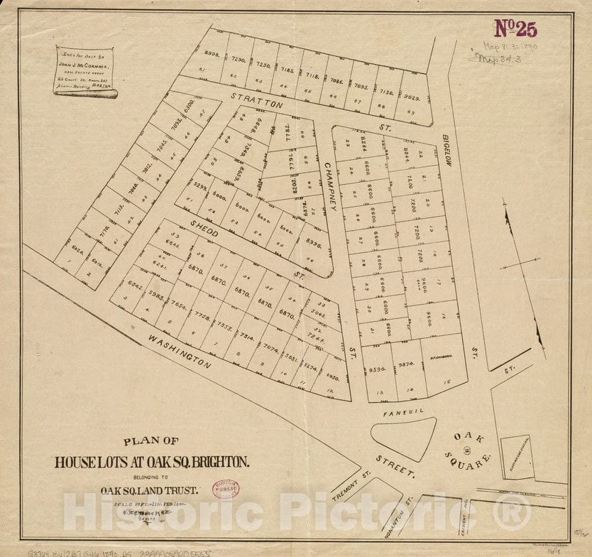 Historical Map, 1890 Plan of house lots at Oak Sq. Brighton : belonging to Oak Sq. Land Trust, Vintage Wall Art