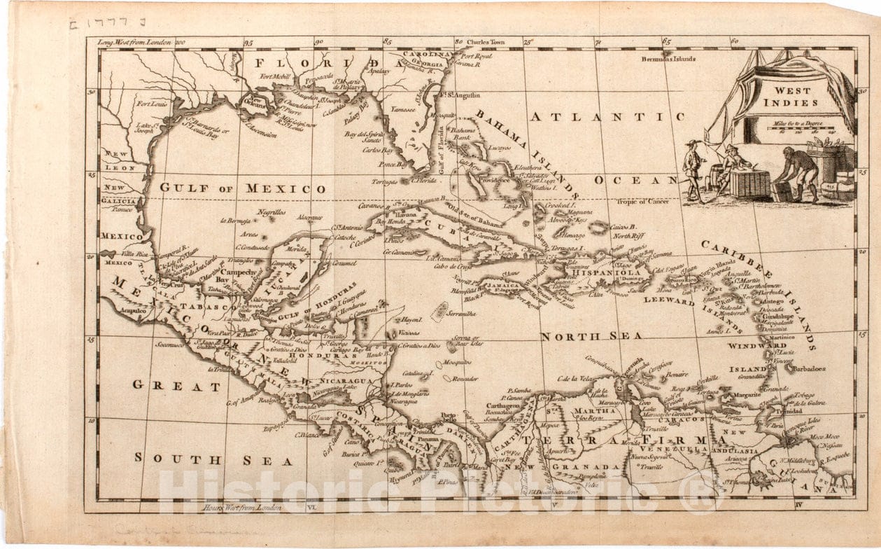 Historical Map, 1777 West Indies, Vintage Wall Art