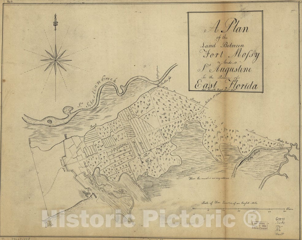 Historical Map, 1760-1769 A Plan of The Land Between Fort Mossy and St. Augustine in The Province of East Florida, Vintage Wall Art