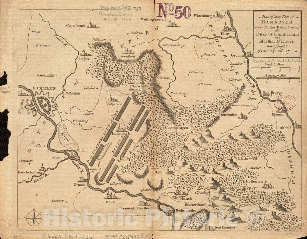 Historical Map, 1757 Map of That Part of Hannover Where The Late Battle Between The Duke of Cumberland and Marshal D'Etrees was Fought July 25, 26, 27, Vintage Wall Art