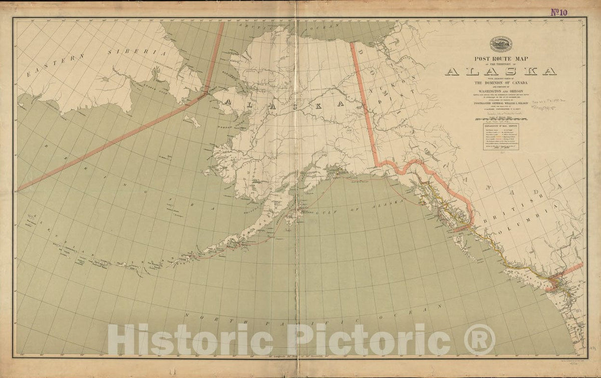 Historical Map, 1895 Post Route map of The Territory of Alaska with Adjacent Parts of The Dominion of Canada and portions of Washington and Oregon, Vintage Wall Art