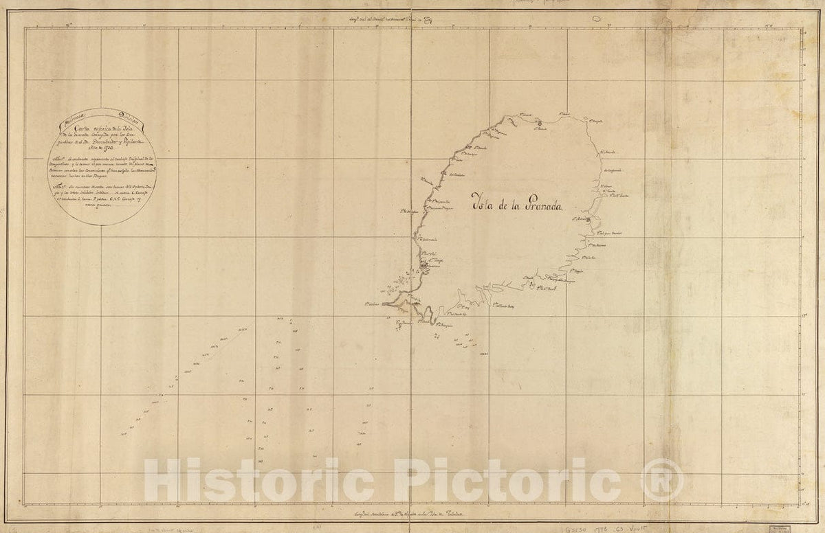 Historical Map, 1793 Carta esfeIrica de la Ysla de la Granada, Vintage Wall Art