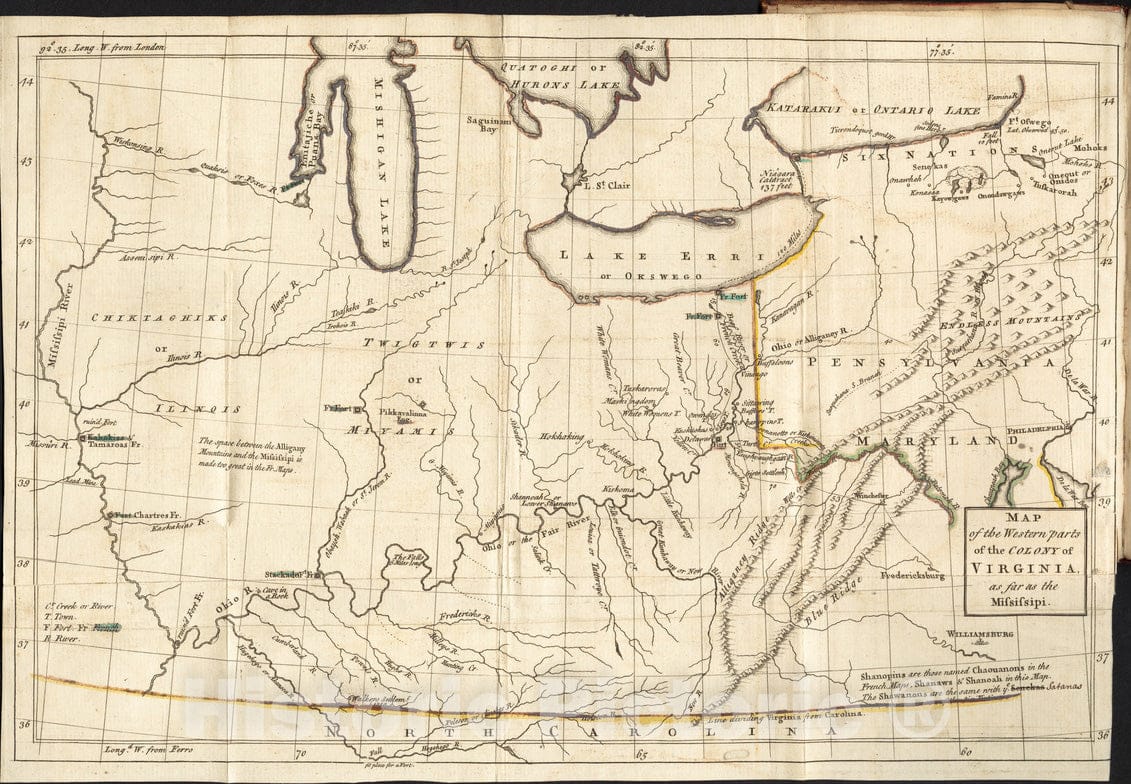 Historical Map, 1754 Map of the western parts of the colony of Virginia, as far as the Mississipi, Vintage Wall Art