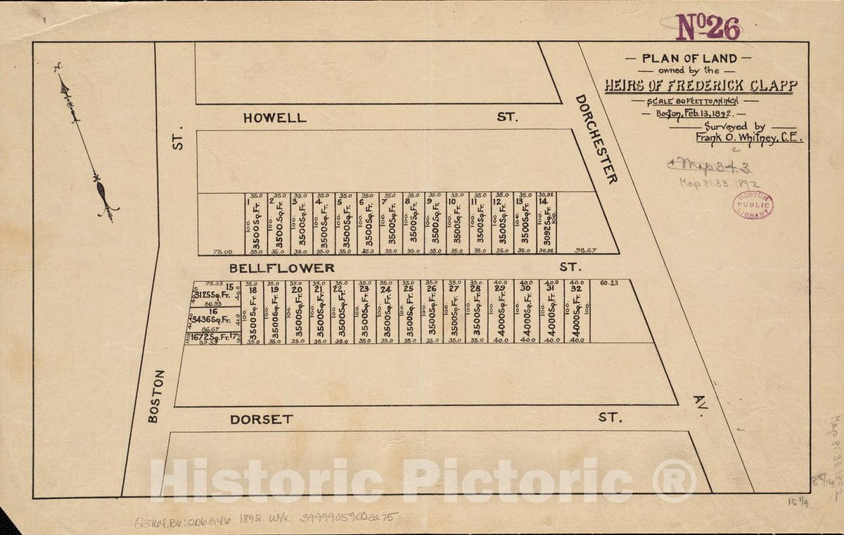 Historical Map, 1892 Plan of land owned by the heirs of Frederick Clapp, Vintage Wall Art