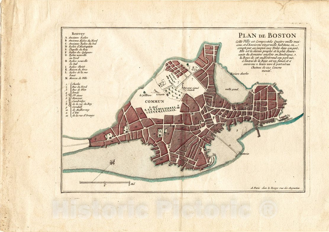 Historical Map, 1755 Plan de Boston, Vintage Wall Art : 5132098