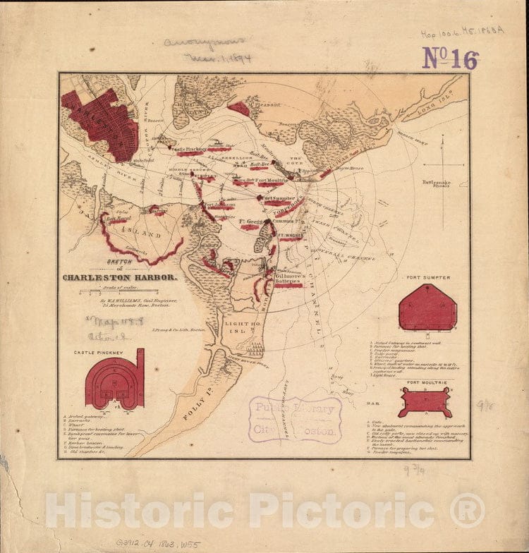 Historical Map, 1860-1869 Sketch of Charleston Harbor, Vintage Wall Art