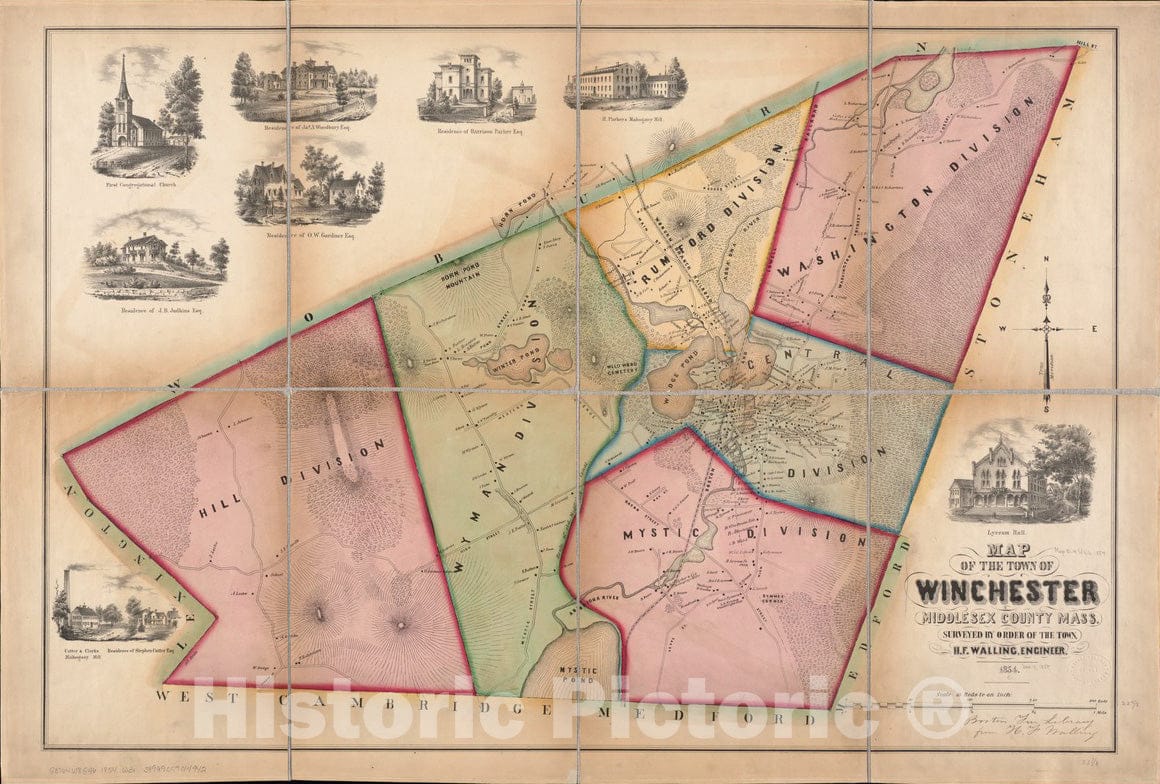 Historical Map, 1854 Map of The Town of Winchester, Middlesex County, Mass : surveyed by Order of The Town, Vintage Wall Art