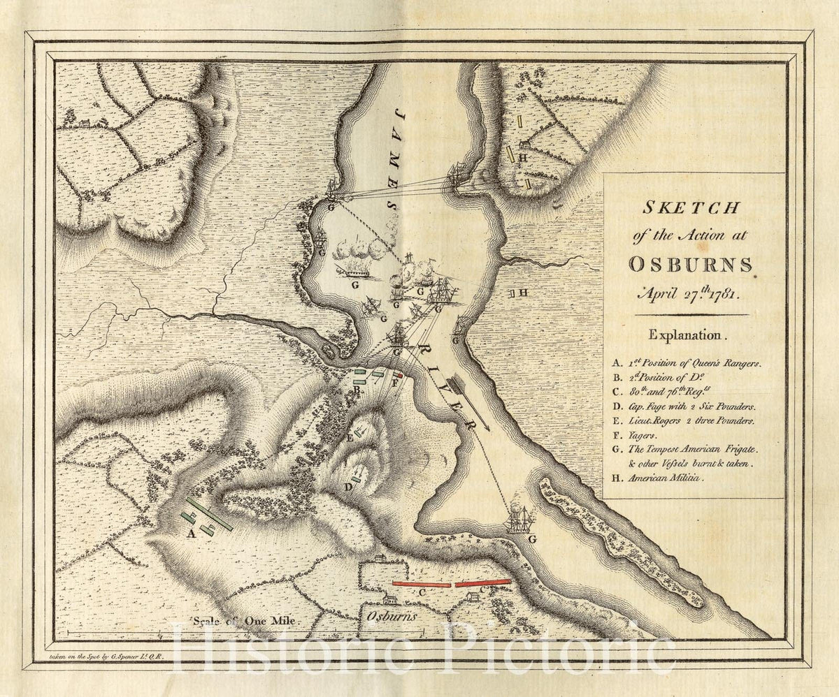 Historical Map, Sketch of The Action at Osburns, April 27th. 1781, Vintage Wall Art