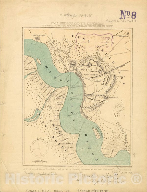 Historical Map, ca. 1863 Port Hudson and its defences, Vintage Wall Art