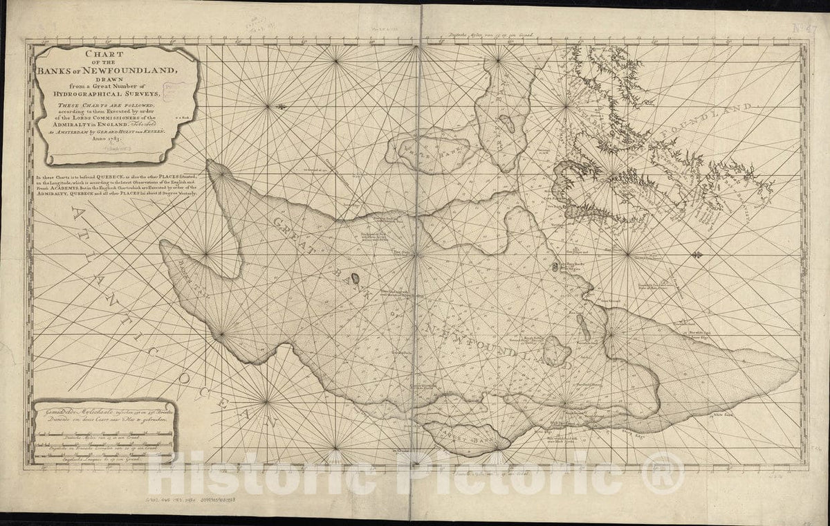 Historical Map, 1783 Chart of the banks of Newfoundland, drawn from a great number of hydrographical surveys, Vintage Wall Art