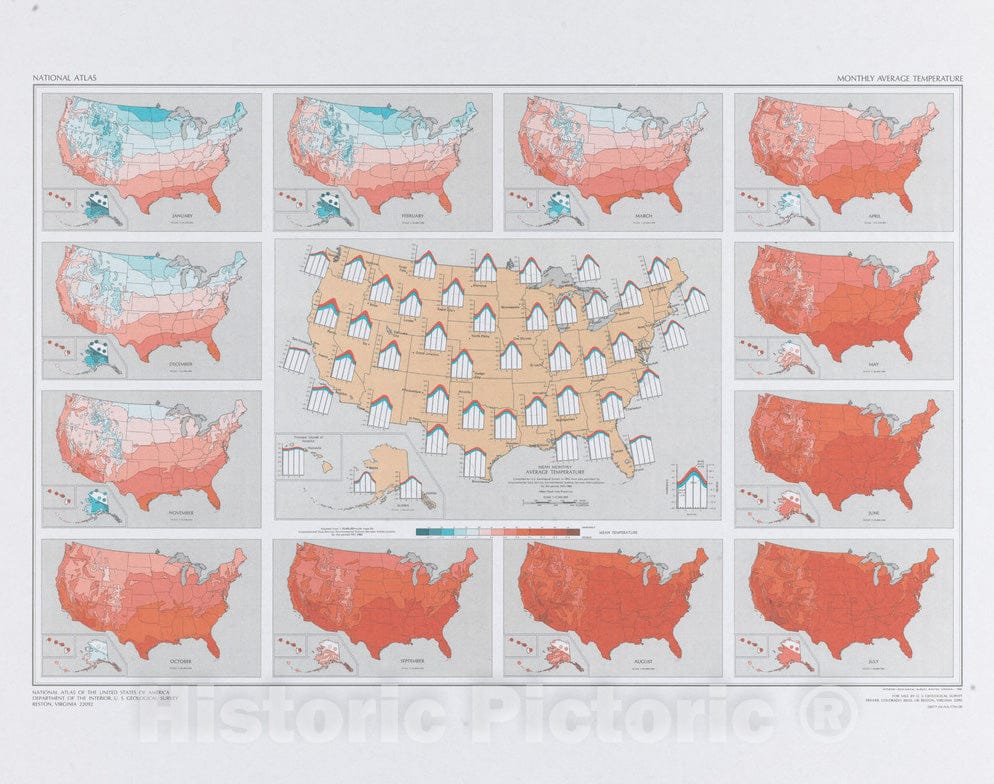 Historical Map, 1986 Mean Monthly Average Temperature, Vintage Wall Art