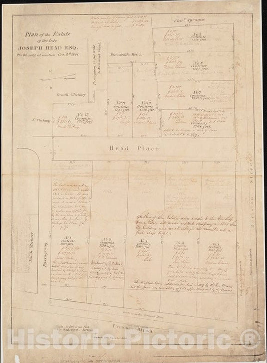 Historical Map, Plan of The Estate of The Late Joseph Head Esq. to be Sold at Auction, Oct. 8th 1841, Vintage Wall Art