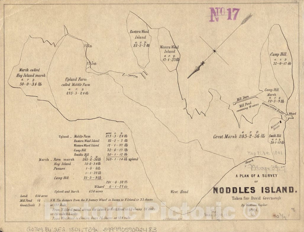 Historical Map, 1801 A Plan of a Survey of Noddles Island, Vintage Wall Art