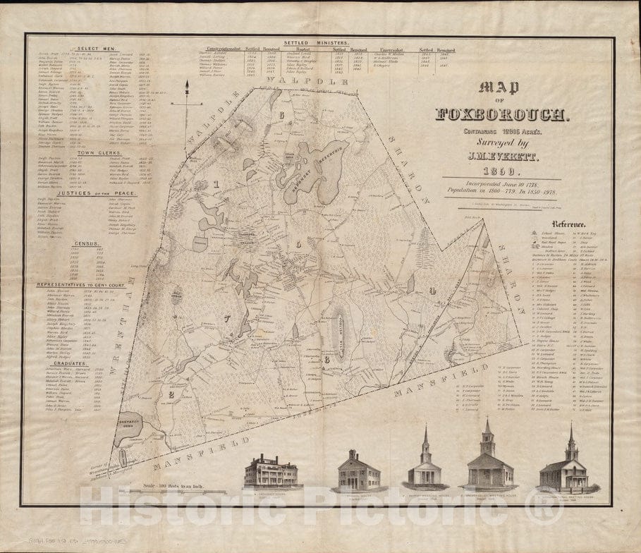 Historical Map, 1850 Map of Foxborough : containing 12806 Acres, Vintage Wall Art
