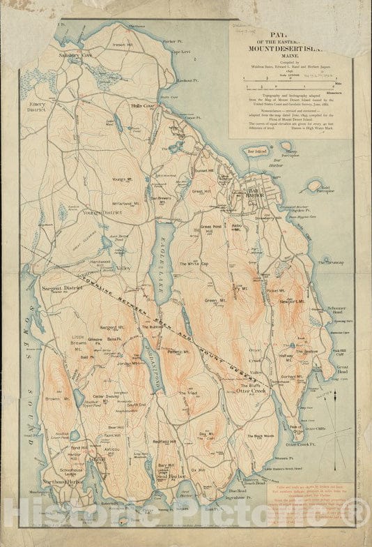 Historical Map, ca. 1896 Path map of The Eastern Part of Mount Desert Island, Maine, Vintage Wall Art