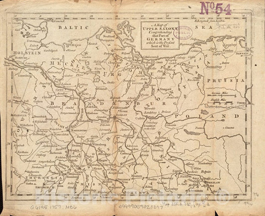 Historical Map, 1757 A map of Upper Saxony comprehending That Part of Germany which is The Present seat of war, Vintage Wall Art