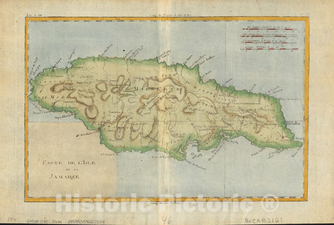 Historical Map, 1780 Carte de l'isle de la JamaiIË†que, Vintage Wall Art