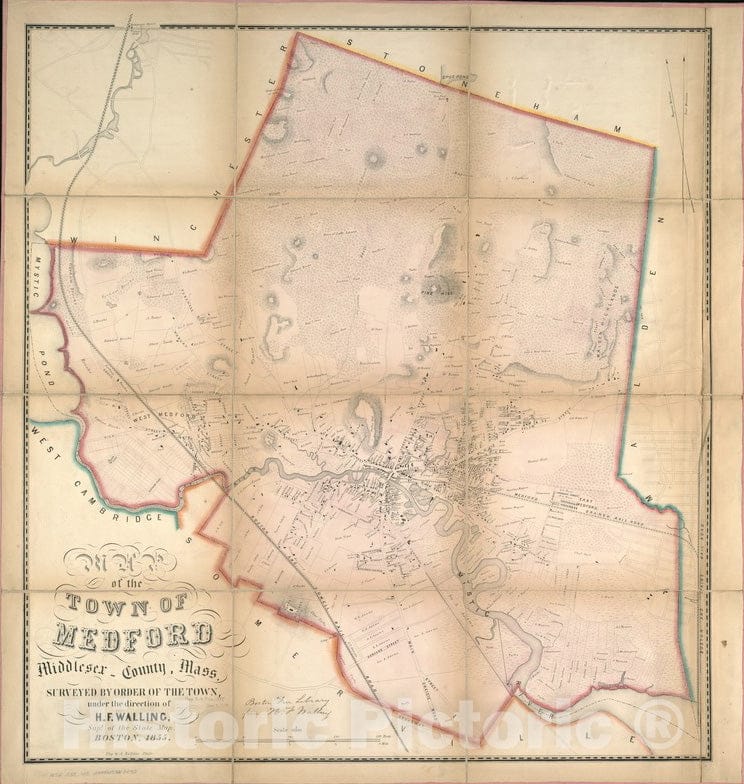 Historical Map, 1855 Map of The Town of Medford, Middlesex County, Mass : surveyed by Order of The Town, Vintage Wall Art