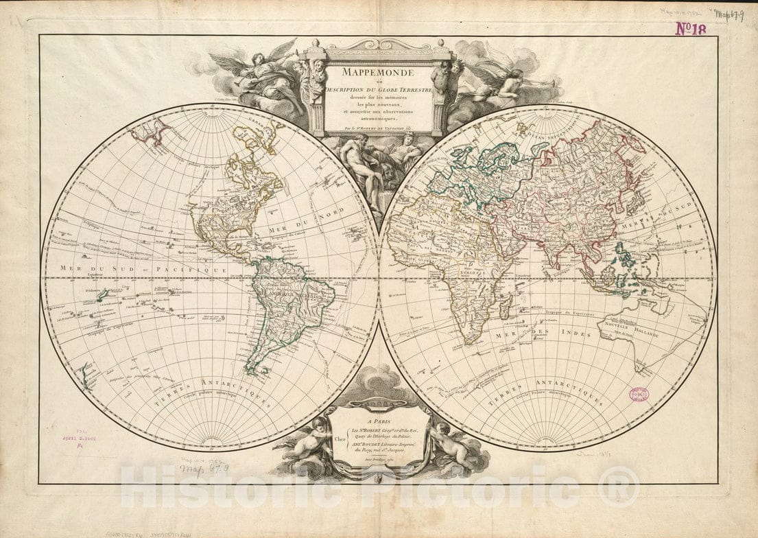 Historical Map, 1752 Mappemonde ou Description du Globe terrestre, Vintage Wall Art