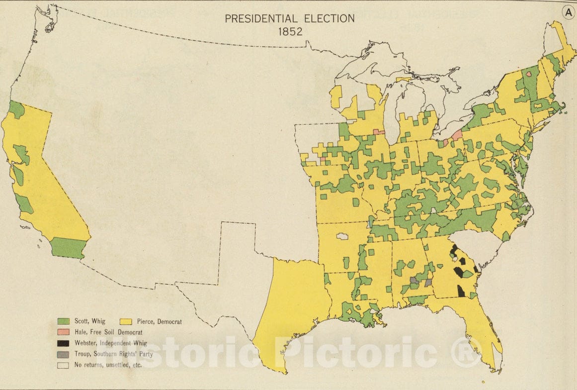 Historical Map, Presidential Election 1852, Vintage Wall Art