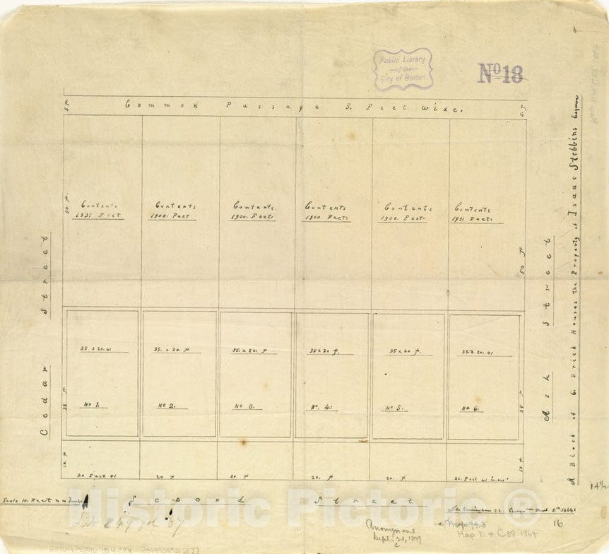 Historical Map, 1864 A Block of 6 Brick Houses The Property of Isaac Stebbins Esquire, Vintage Wall Art