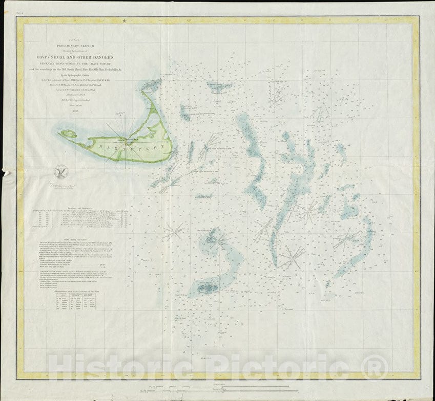 Historical Map, 1853 Preliminary Sketch Showing The Positions of Davis' Shoal and Other Dangers Recently Discovered by The Coast Survey and The soundings, Vintage Wall Art