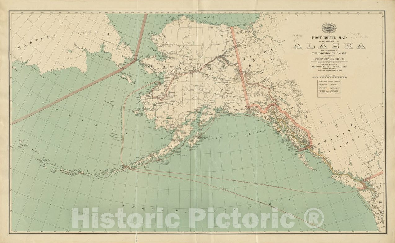 Historical Map, 1897 Post Route map of The Territory of Alaska with Adjacent Parts of The Dominion of Canada and portions of Washington and Oregon, Vintage Wall Art