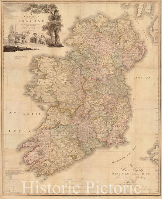 Historical Map, 1797 A New map of Ireland : Civil and ecclesiastical, Vintage Wall Art