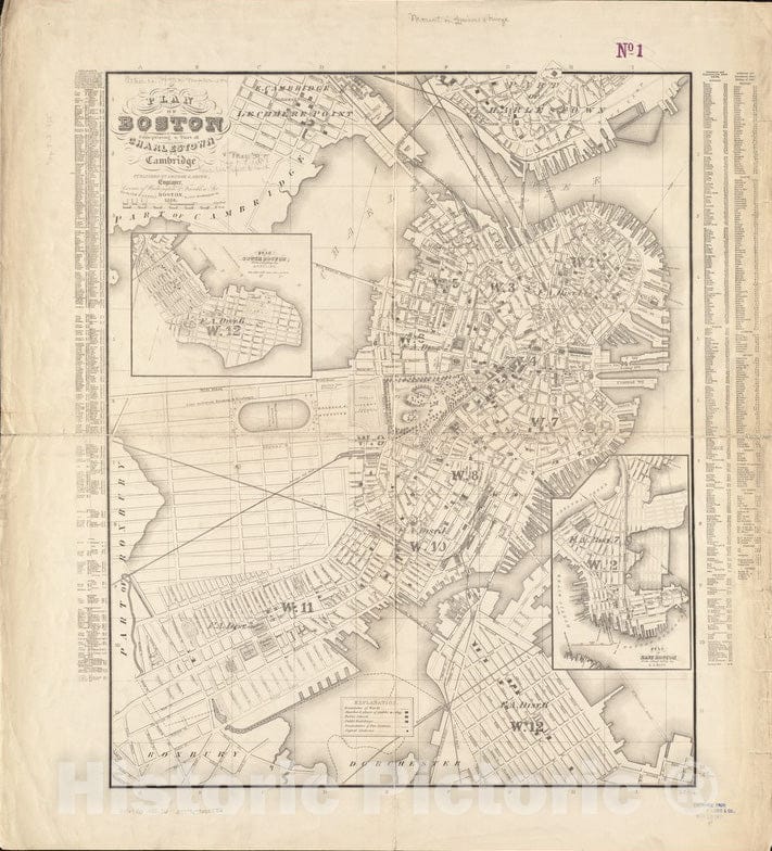 Historical Map, 1855 Plan of Boston comprising a Part of Charlestown and Cambridge, Vintage Wall Art