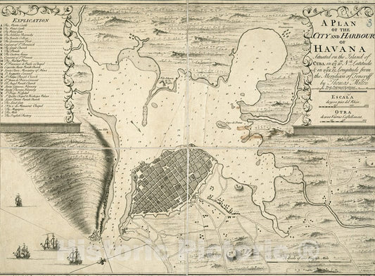 Historical Map, 1739 A Plan of The City and Harbour of Havanna situated on The Island of Cuba, Vintage Wall Art